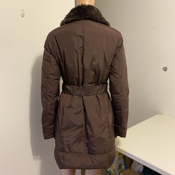 DKNY Brown Puffer Trench Coat Belted High Collar Women S Faux Fur Insulate Soft - Picture 9 of 10